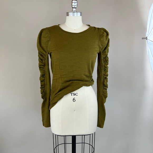 Free People We The Free Natasha Puff Long Sleeve Ruched Top Olive Green Sz Small - Picture 2 of 10